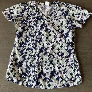 Grey's Anatomy Geometric Print Scrub Top - Blue, Green, White